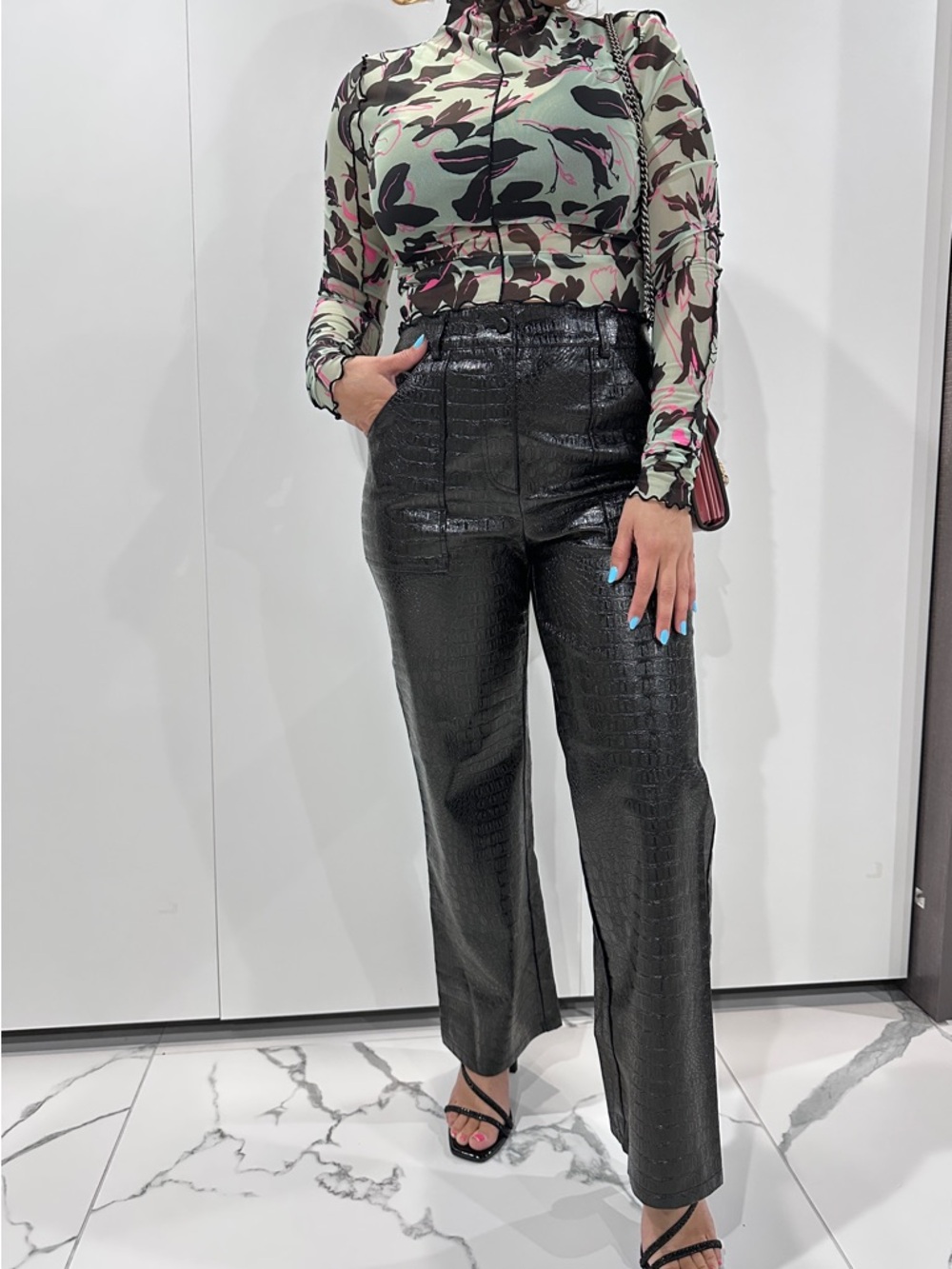 Miss Selfridge Black Croc-Embossed Wide-Leg Trousers